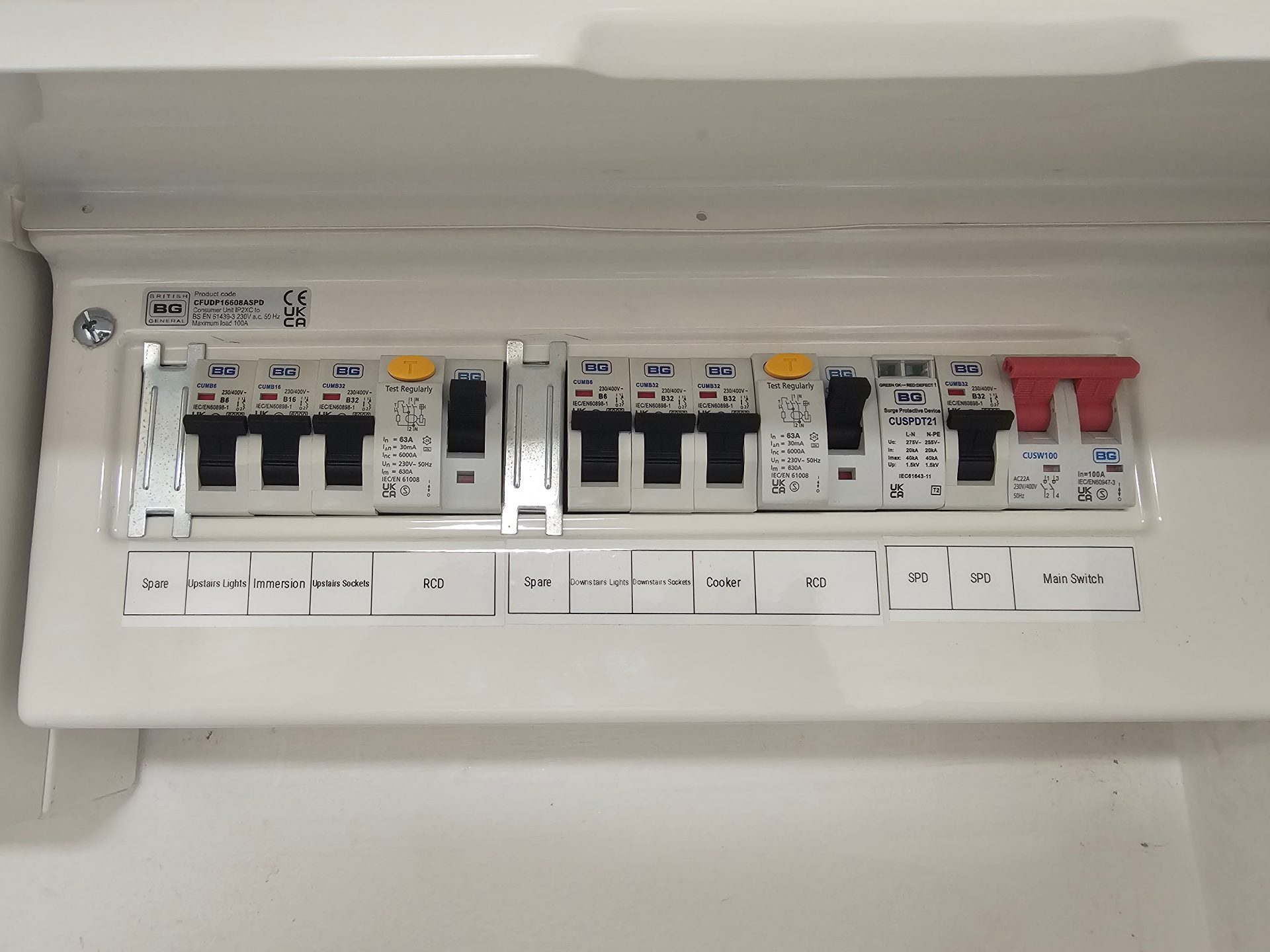 Fully labelled domestic consumer unit after EICR testing